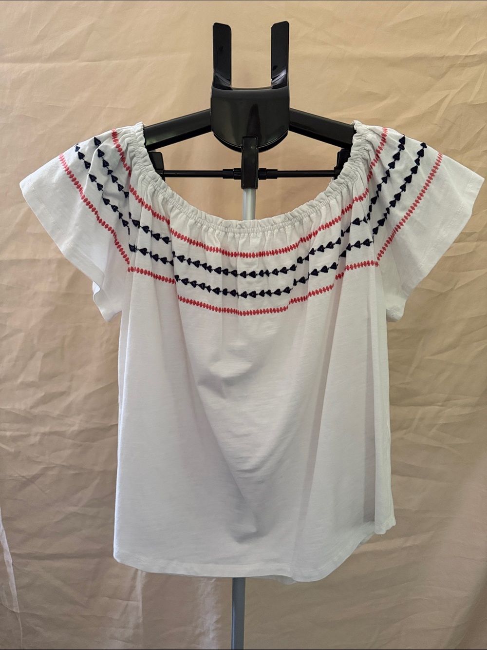 THML White Off-Shoulder Top with Pink and Navy Embroidery